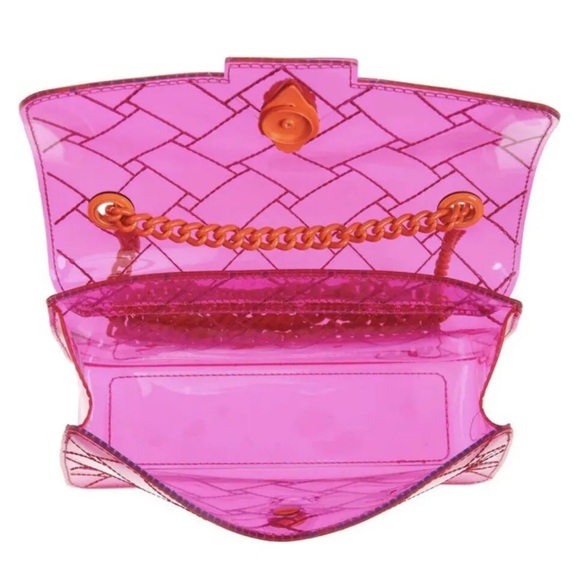 Kurt Geiger Medium Kensington Transparent Pink Orange Eagle Chain Crossbody Bag - Picture 4 of 6
